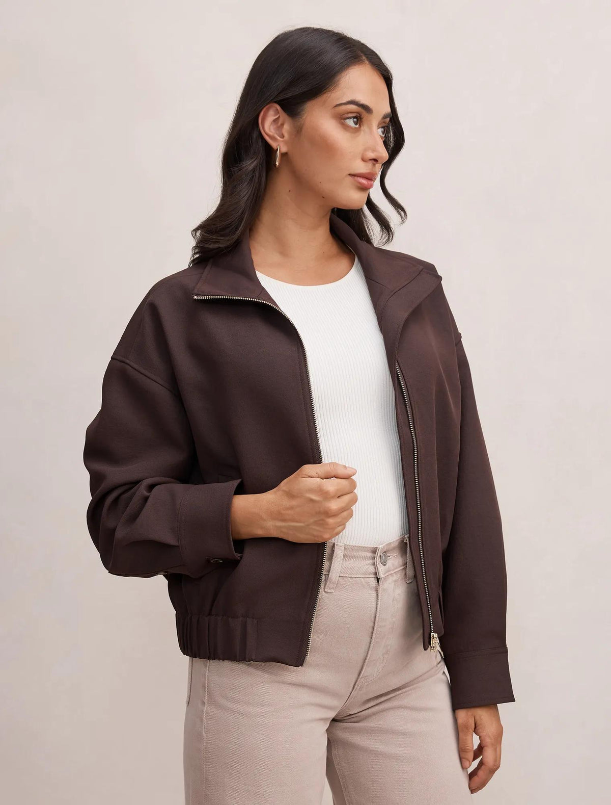 Jenna Twill Funnel Neck Jacket Dark Chocolate