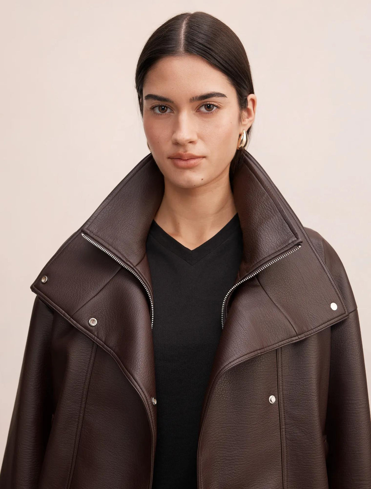 Bex Double Funnel Neck Faux Leather Jacket Deep Plum