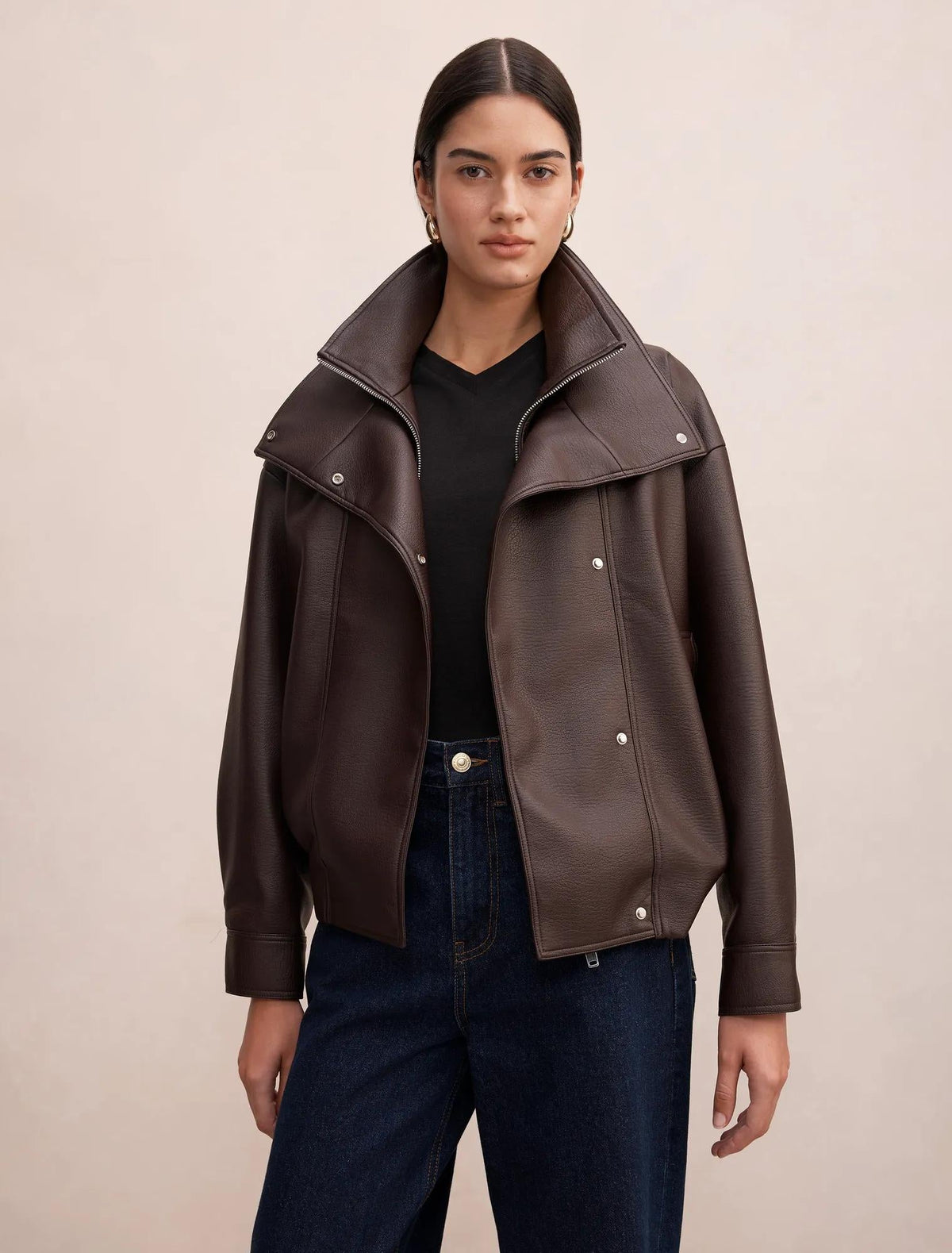 Bex Double Funnel Neck Faux Leather Jacket Deep Plum