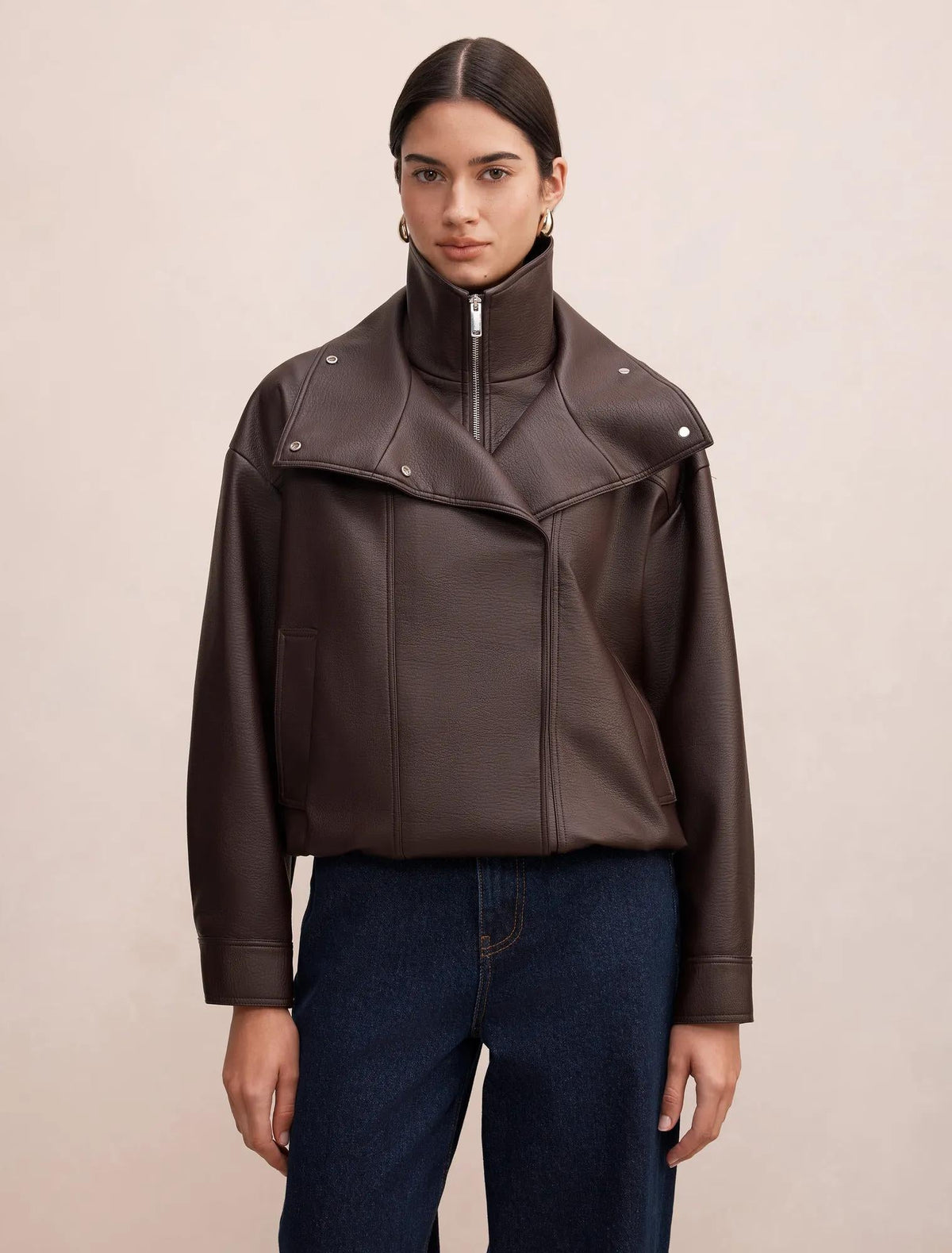 Bex Double Funnel Neck Faux Leather Jacket Deep Plum