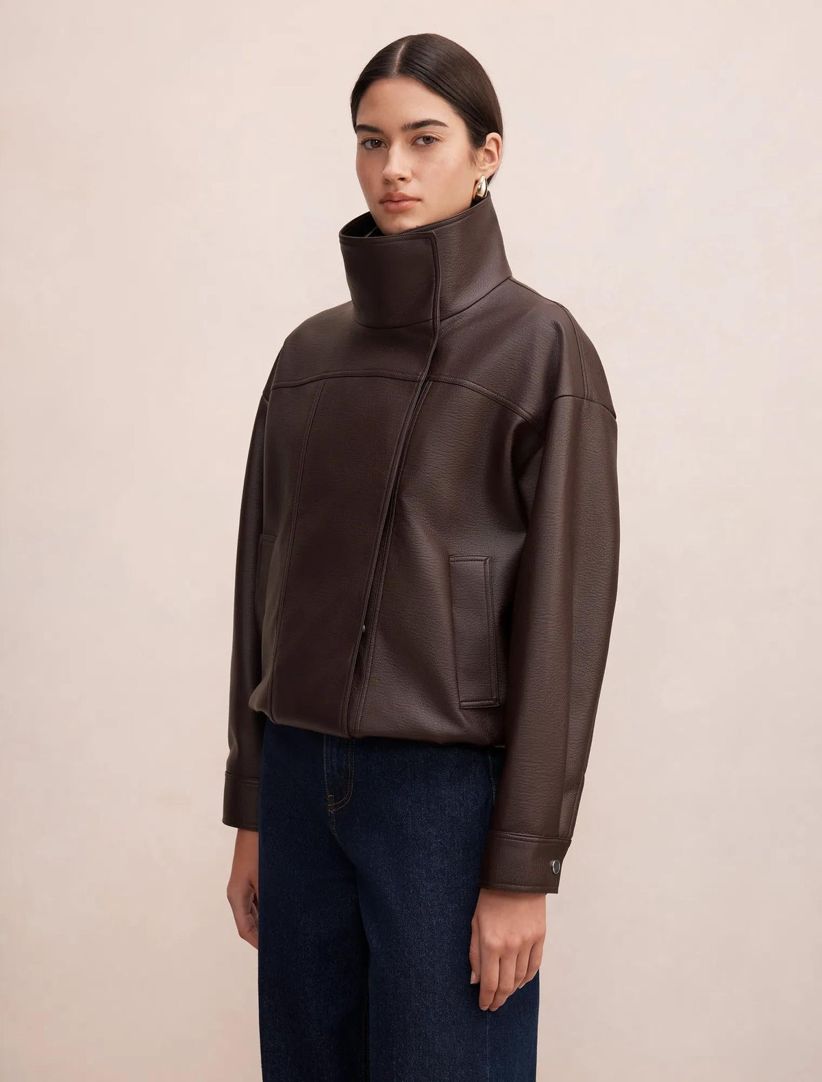 Bex Double Funnel Neck Faux Leather Jacket Deep Plum