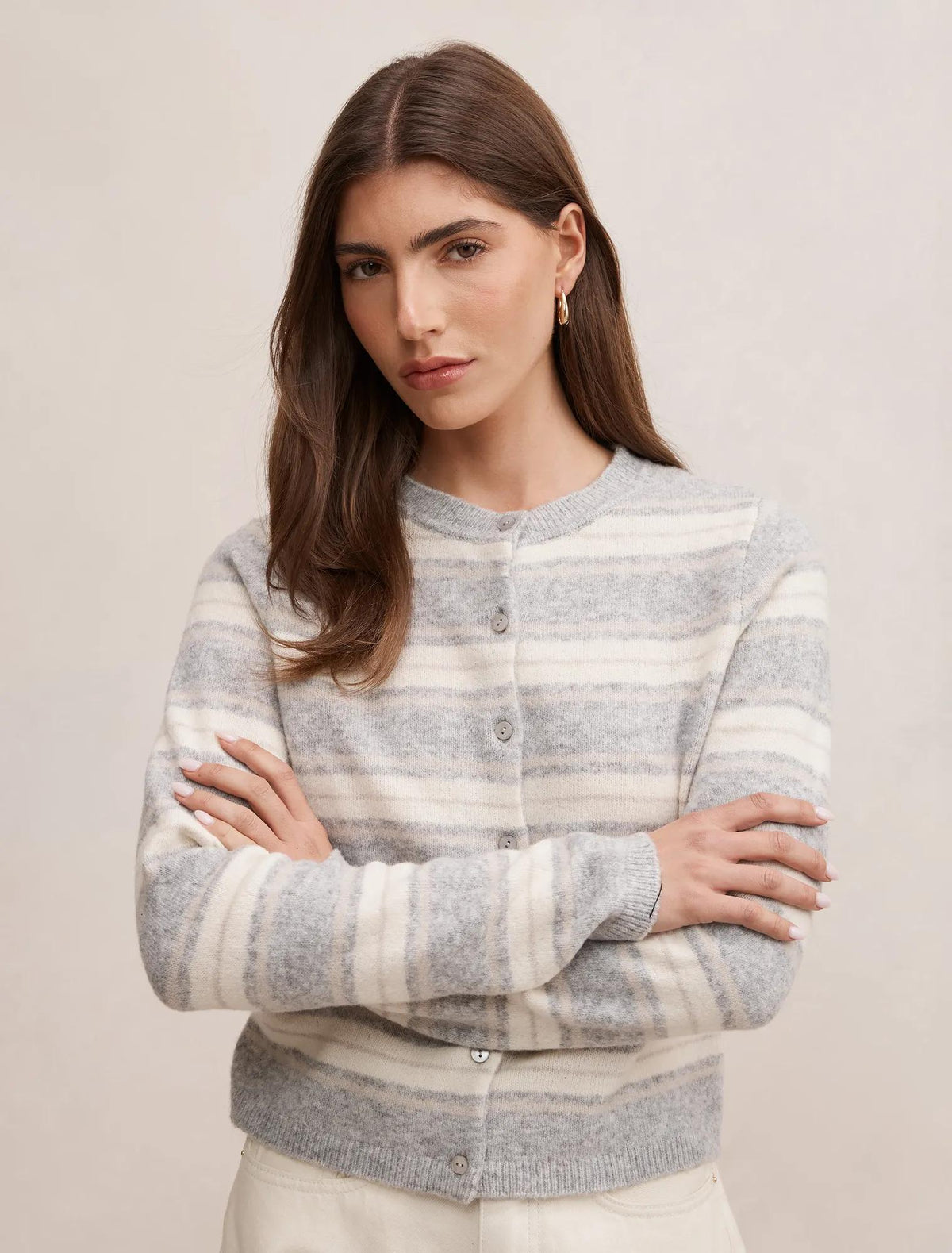 Eloise Stripe Knit Cardigan Grey/Oat Stripe