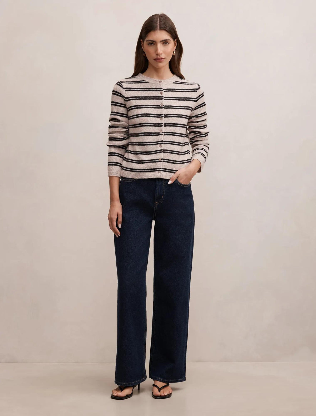 Eloise Stripe Knit Cardigan Mushroom/ Black Stripe