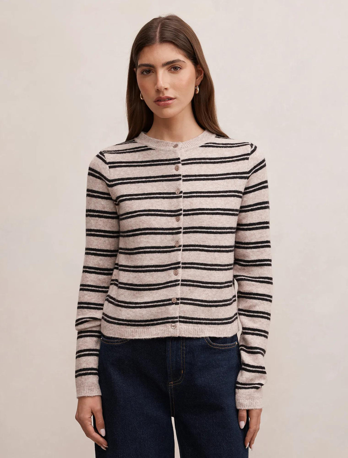 Eloise Stripe Knit Cardigan Mushroom/ Black Stripe