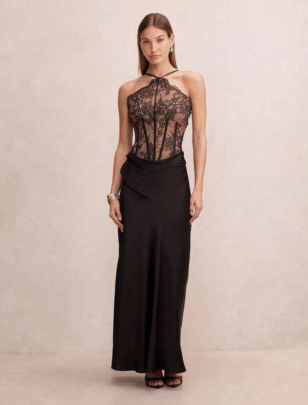 Nellie Lace Halter Maxi Black/ Nude