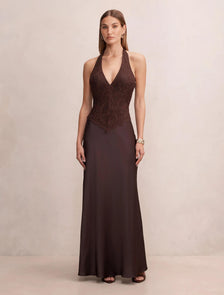 Mandi Lace Halter Neck Dress Chocolate Freckle