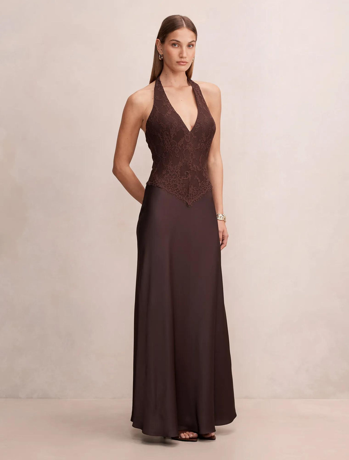 Mandi Lace Halter Neck Dress Chocolate Freckle