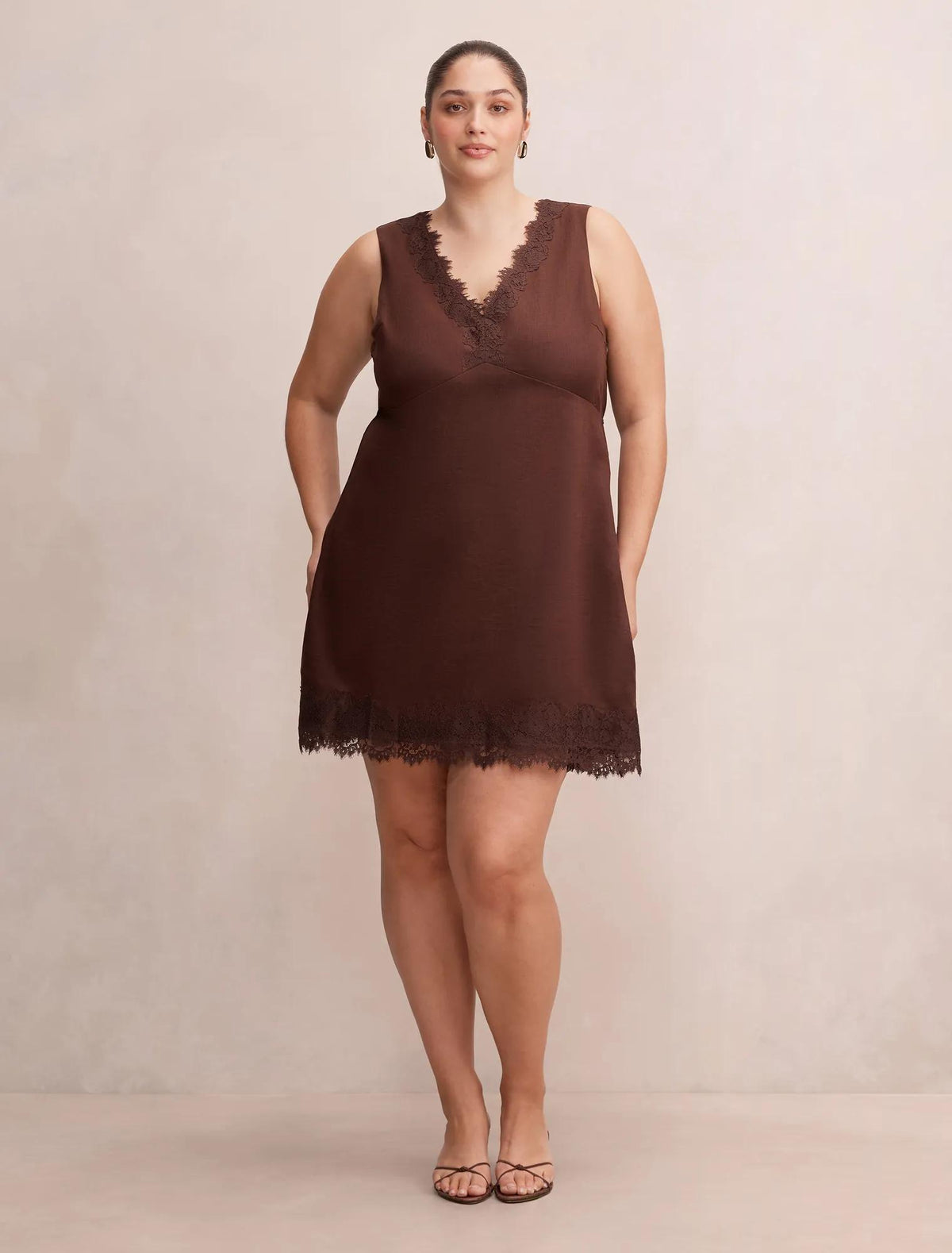 Zali Curve Lace Linen Mini Dress Chocolate