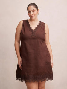 Zali Curve Lace Linen Mini Dress Chocolate