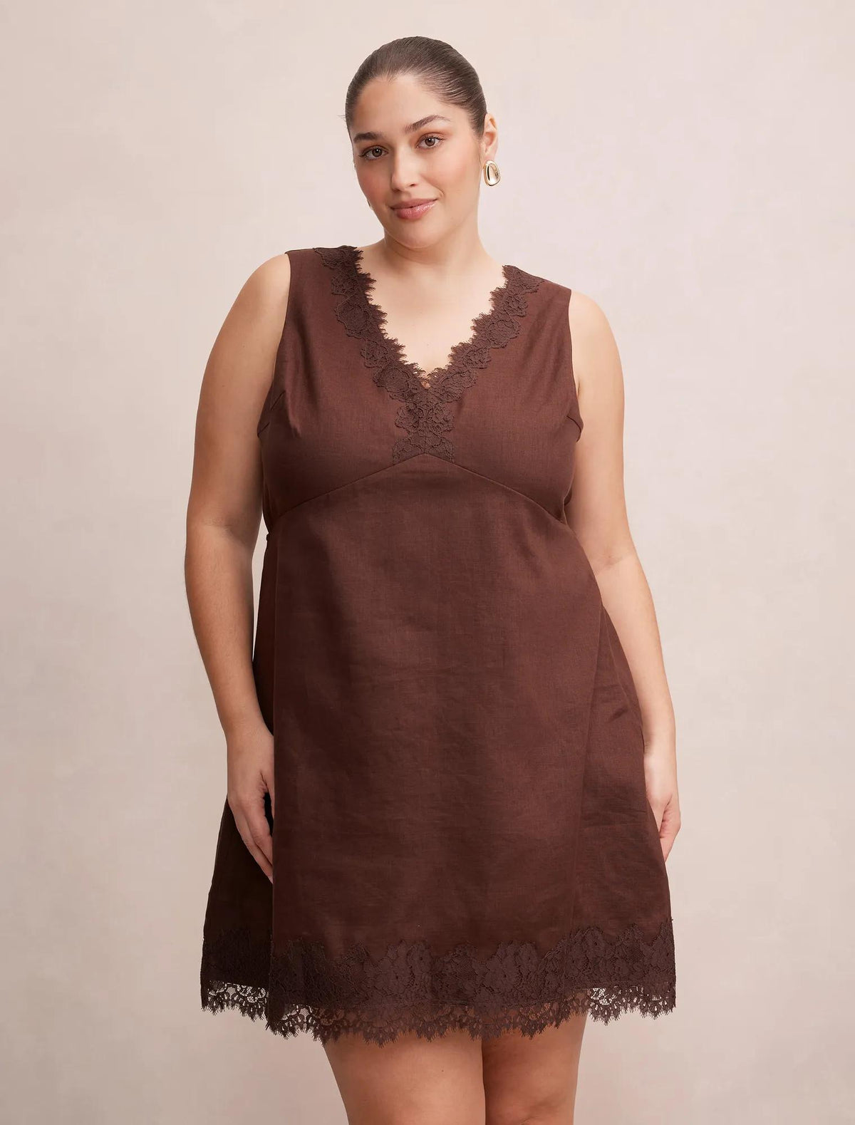 Zali Curve Lace Linen Mini Dress Chocolate