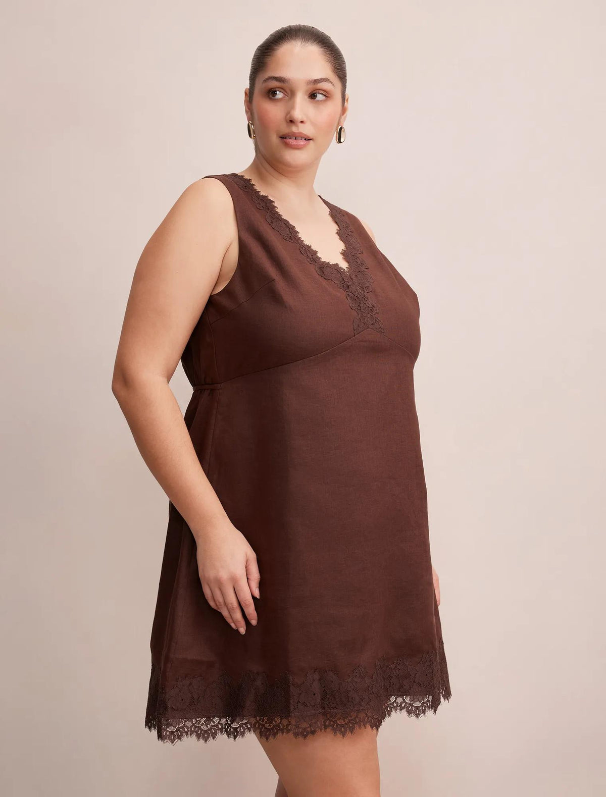 Zali Curve Lace Linen Mini Dress Chocolate