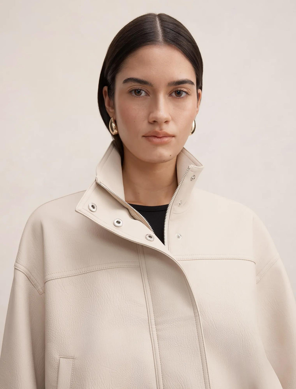Shay Faux Leather Funnel Neck Bomber Jacket Bone