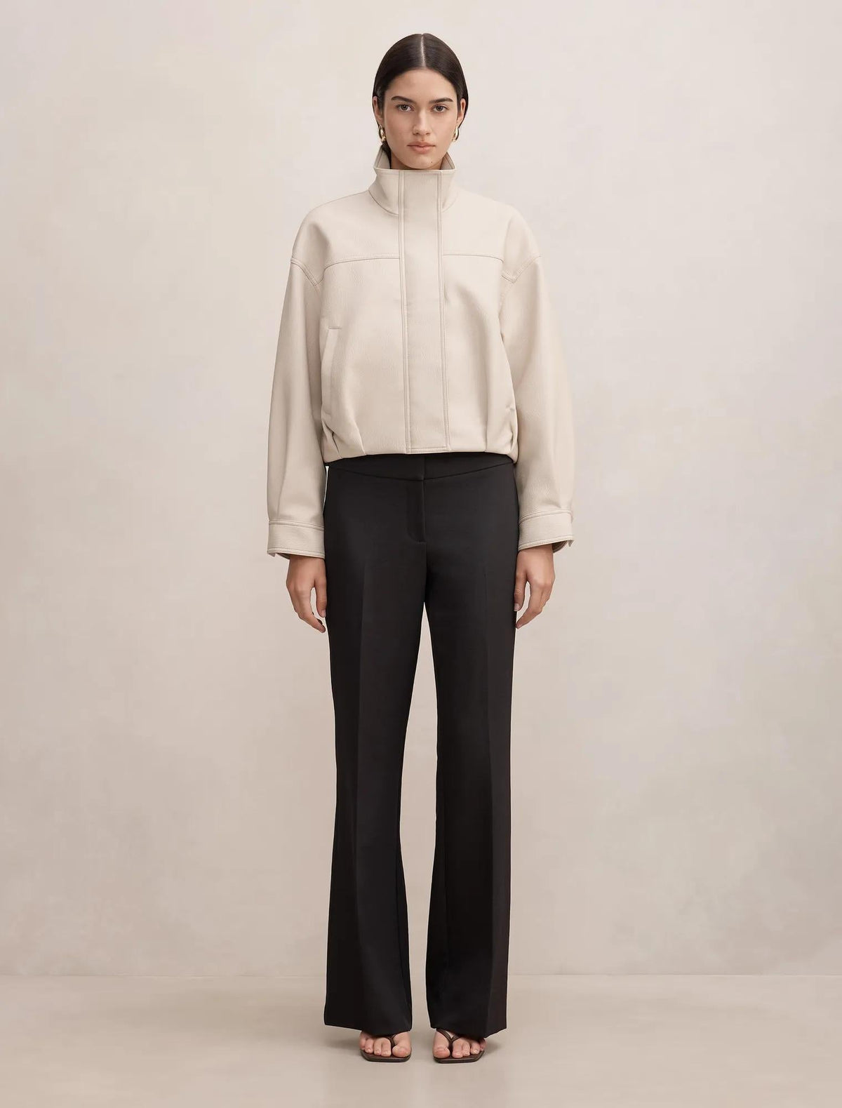 Shay Faux Leather Funnel Neck Bomber Jacket Bone