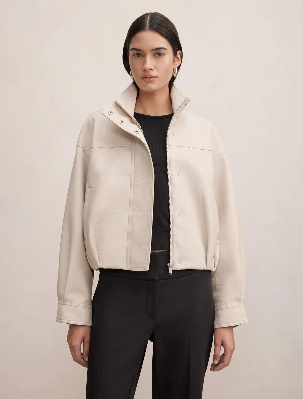 Shay Faux Leather Funnel Neck Bomber Jacket Bone
