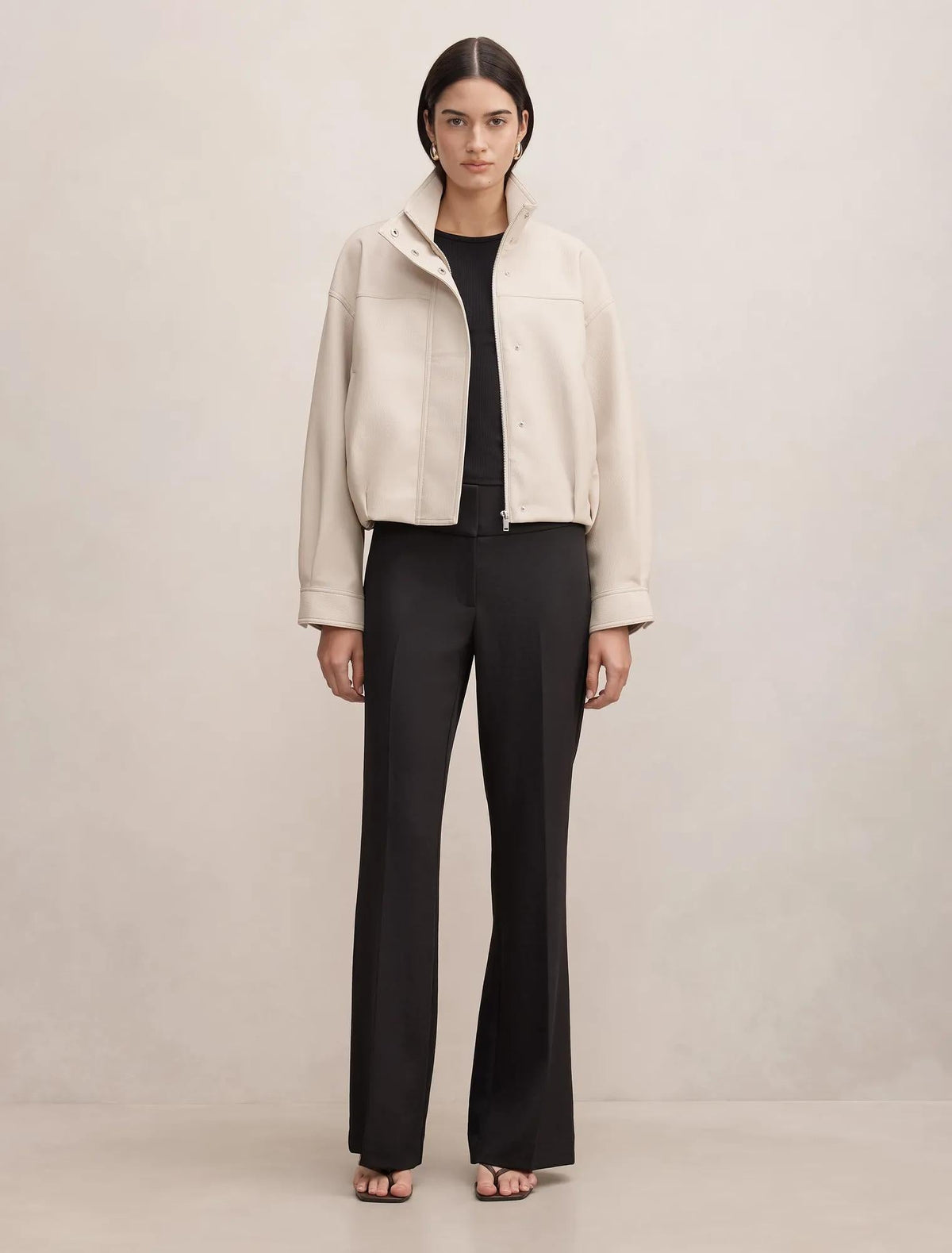 Shay Faux Leather Funnel Neck Bomber Jacket Bone