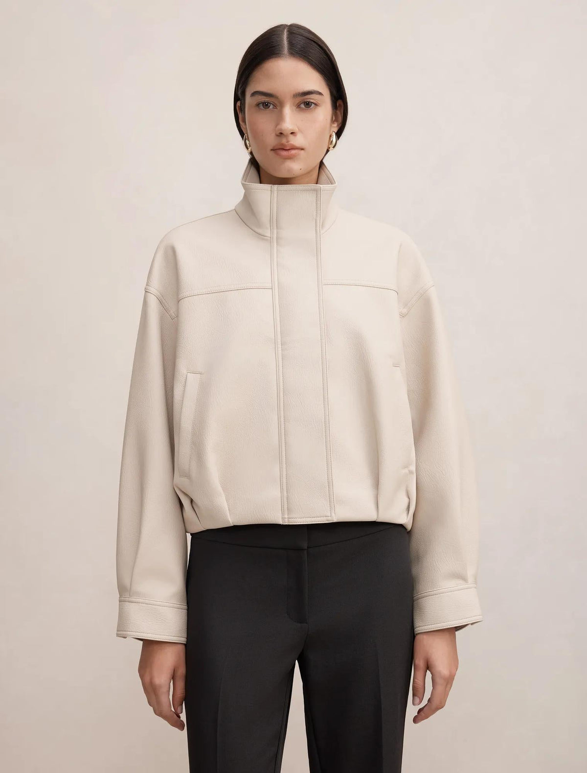 Shay Faux Leather Funnel Neck Bomber Jacket Bone