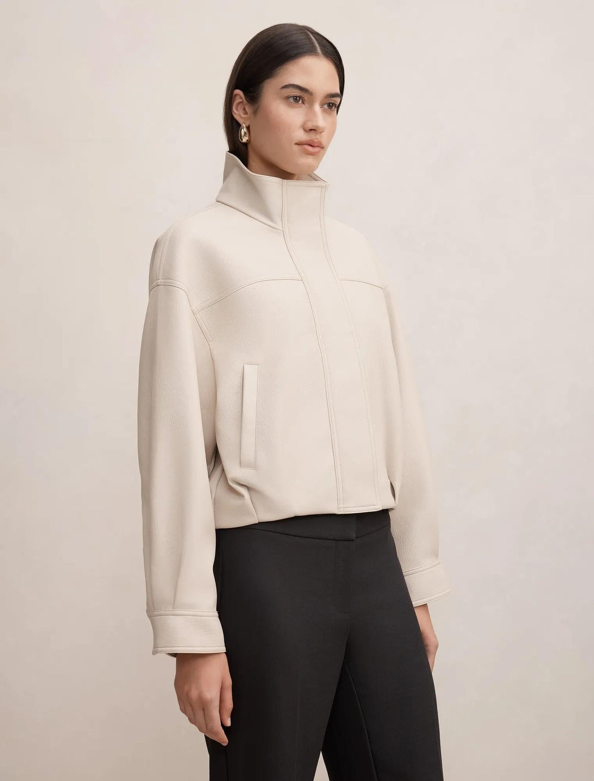Shay Faux Leather Funnel Neck Bomber Jacket Bone