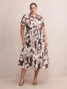 Joy Curve Short Sleeve Midi Dress Light Arlon Abstract