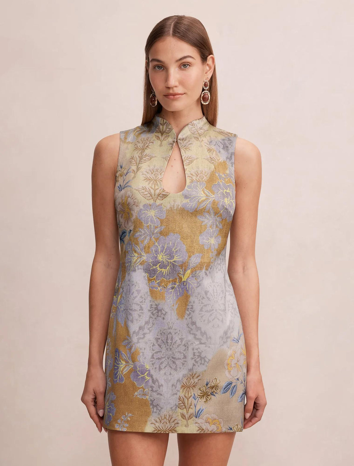 Jade Keyhole Satin Mini Dress Gilded Floral