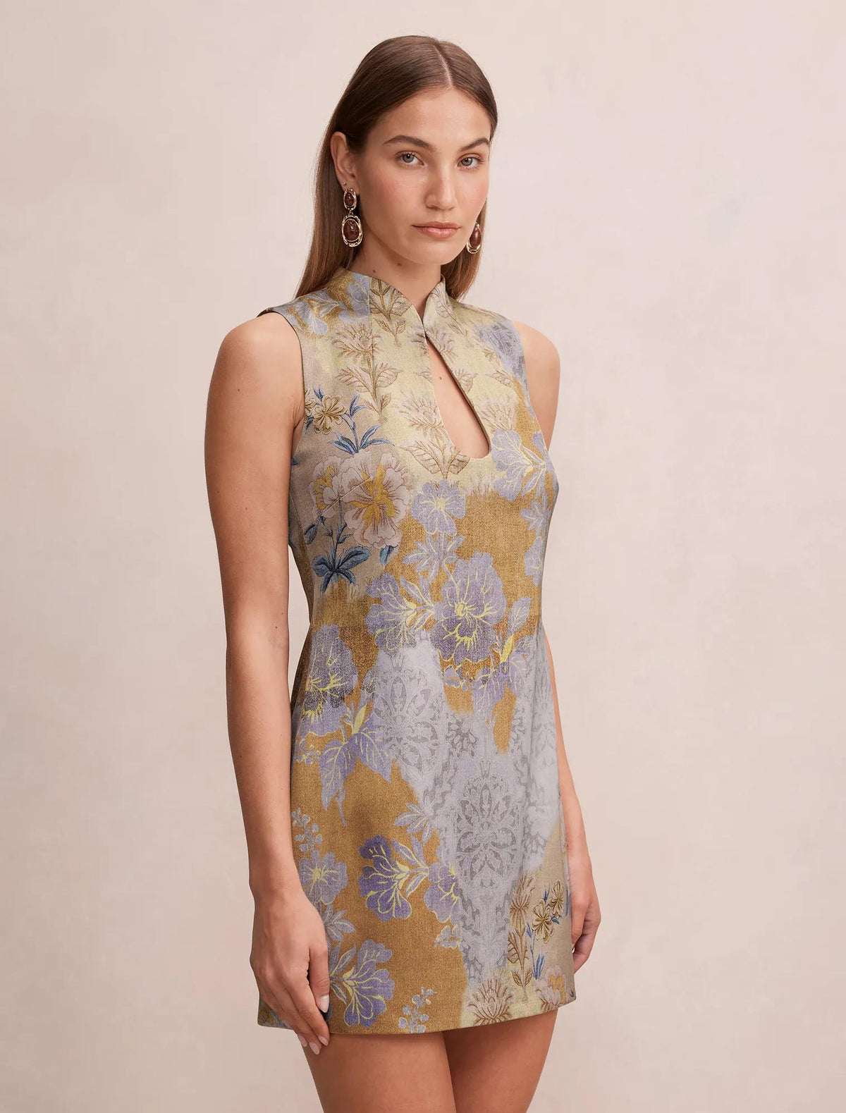 Jade Keyhole Satin Mini Dress Gilded Floral