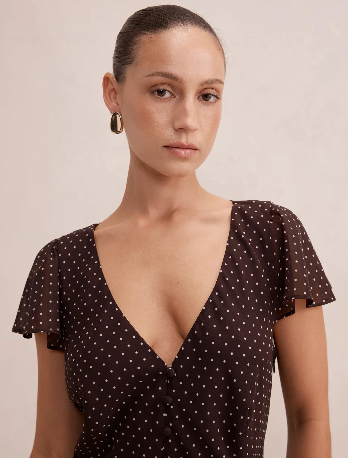 Daphne Petite Flutter Sleeve Blouse Choc Speckle Spot Co-ord