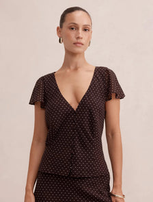 Daphne Petite Flutter Sleeve Blouse Choc Speckle Spot Co-ord