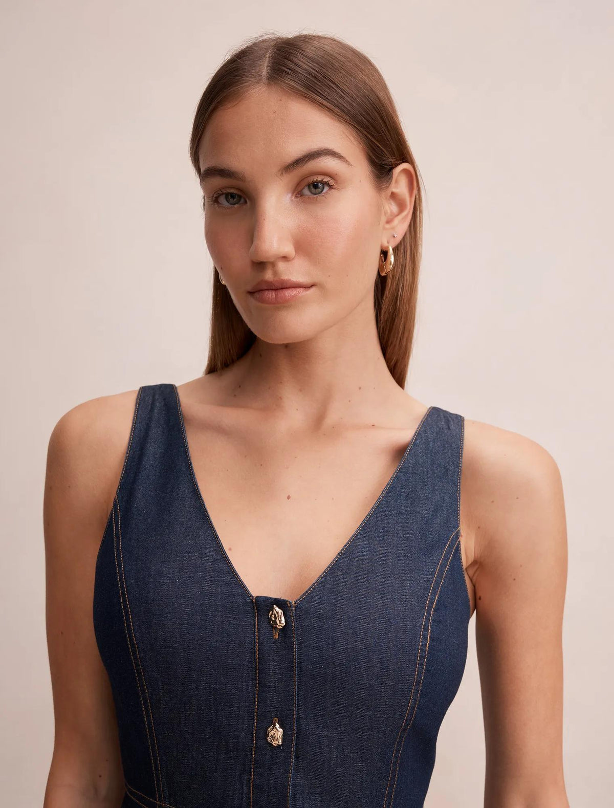 Anna V-Neck Chambray Midi Dress Dark Indigo Chambray