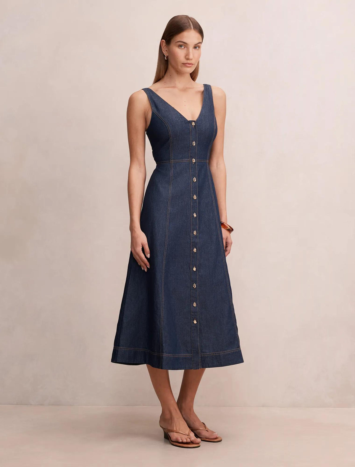 Anna V-Neck Chambray Midi Dress Dark Indigo Chambray