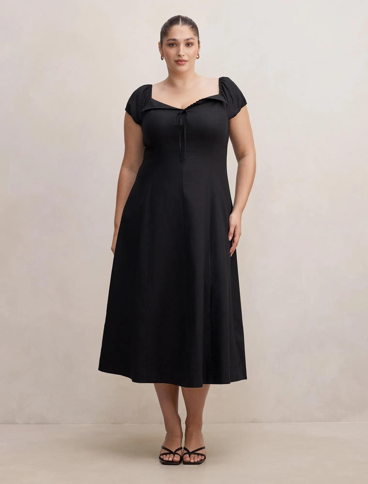 Portia Curve Folded Collar Linen Midi Dress Black