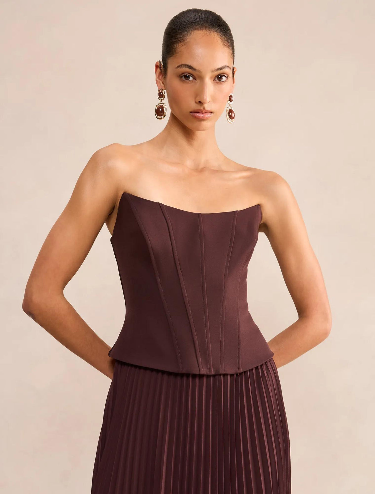 August Pleated Corset Midi Dress Dark Chocolate