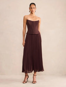 August Pleated Corset Midi Dress Dark Chocolate