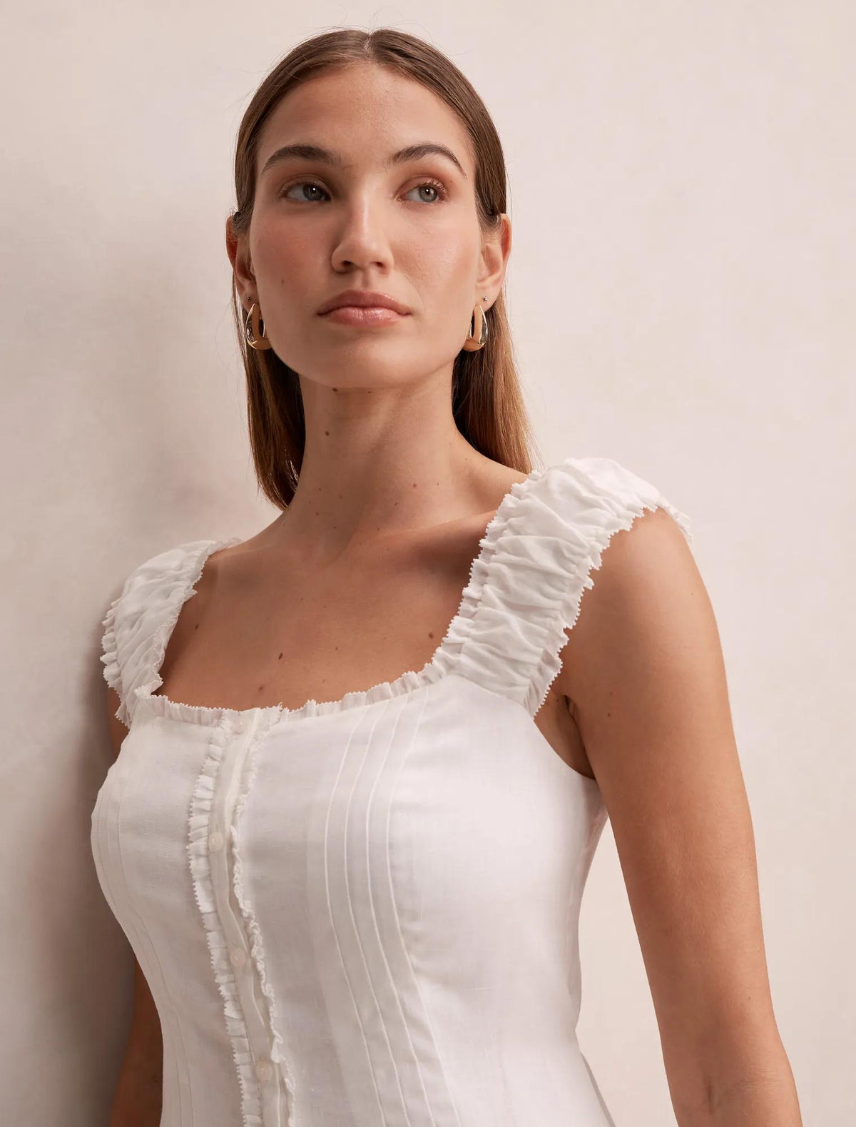 Adriana Pintuck Linen Midi Dress Porcelain