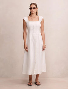 Adriana Pintuck Linen Midi Dress Porcelain