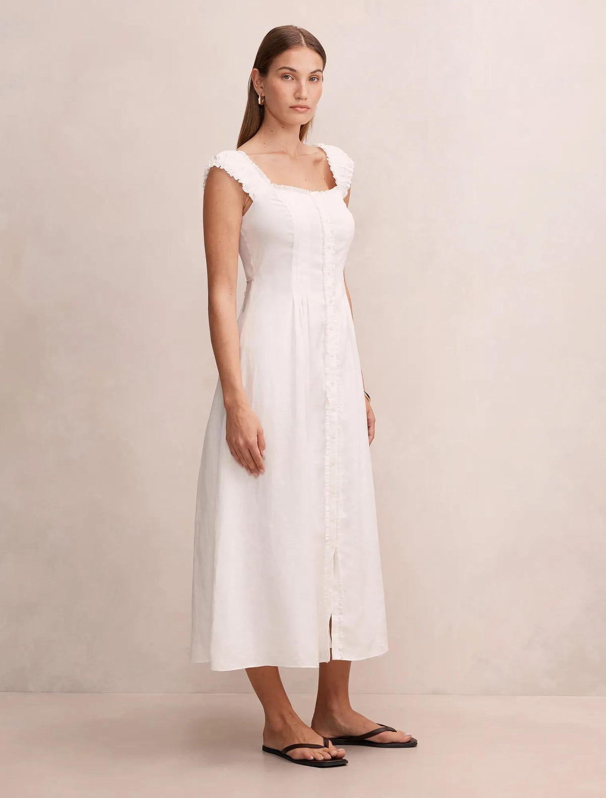Adriana Pintuck Linen Midi Dress Porcelain