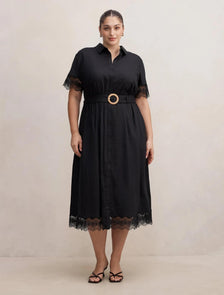 Eliana Curve Lace Trim Midi Dress Black