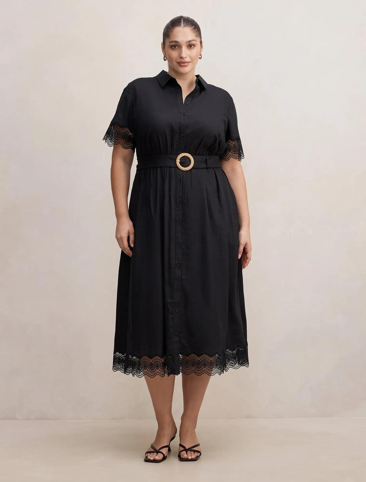 Eliana Curve Lace Trim Midi Dress Black