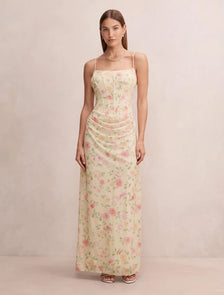 Maeve Corset Mesh Maxi Dress Lemon Palais Floral