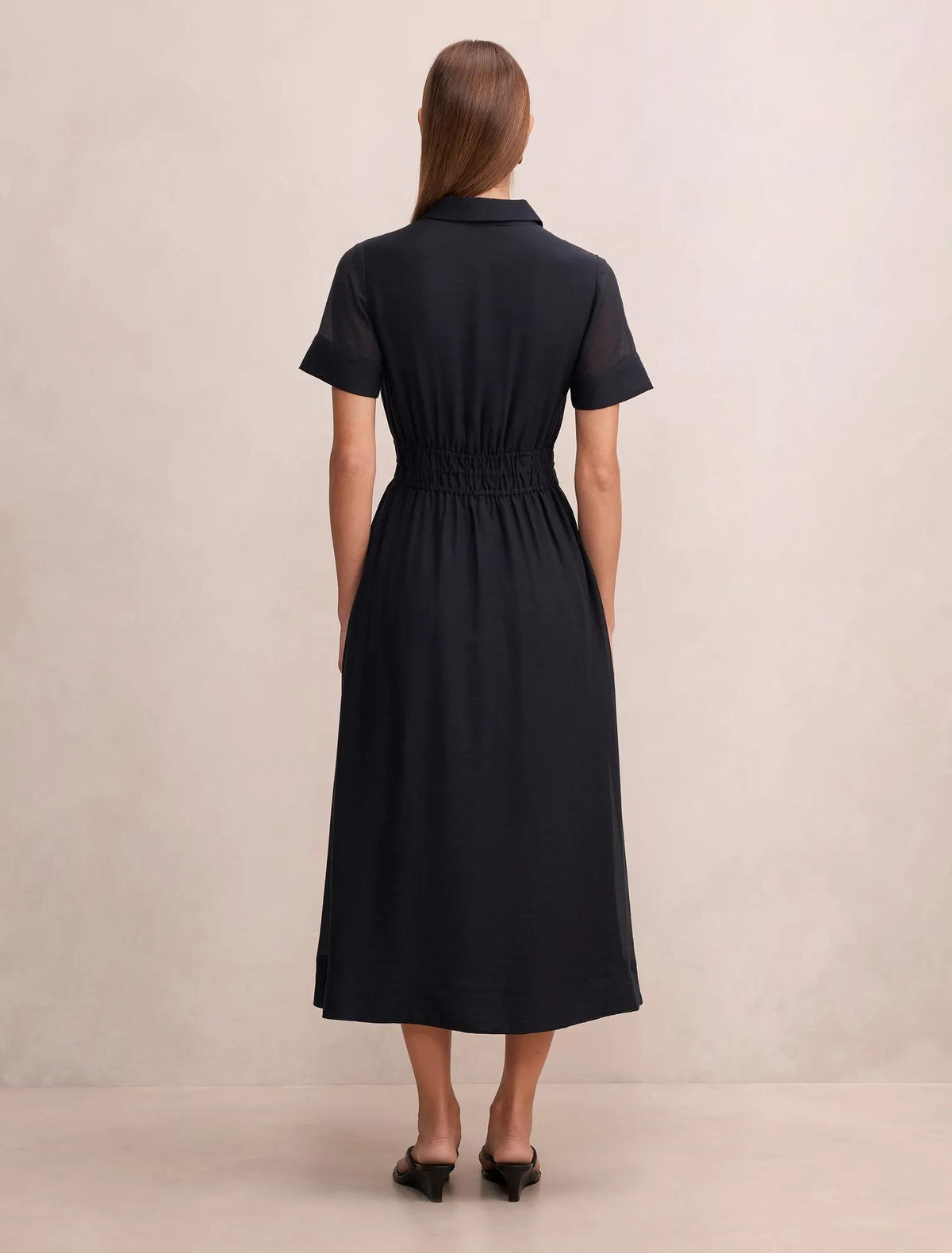 Brynn Elastic Waist Shirt Midi Dress Navy