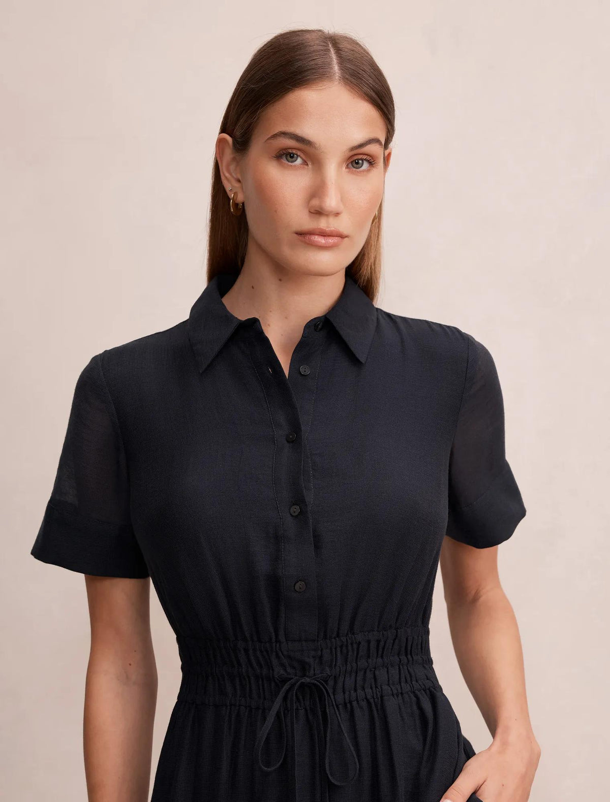 Brynn Elastic Waist Shirt Midi Dress Navy