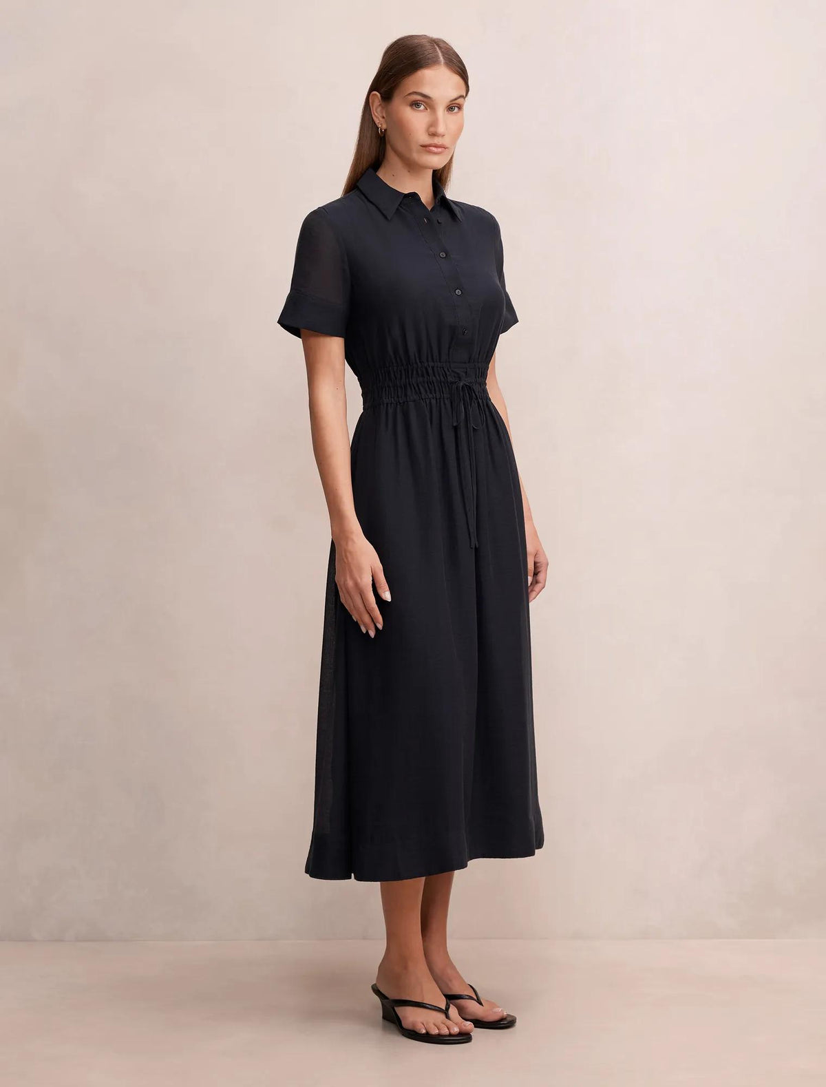 Brynn Elastic Waist Shirt Midi Dress Navy
