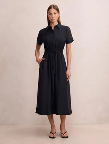 Brynn Elastic Waist Shirt Midi Dress Navy