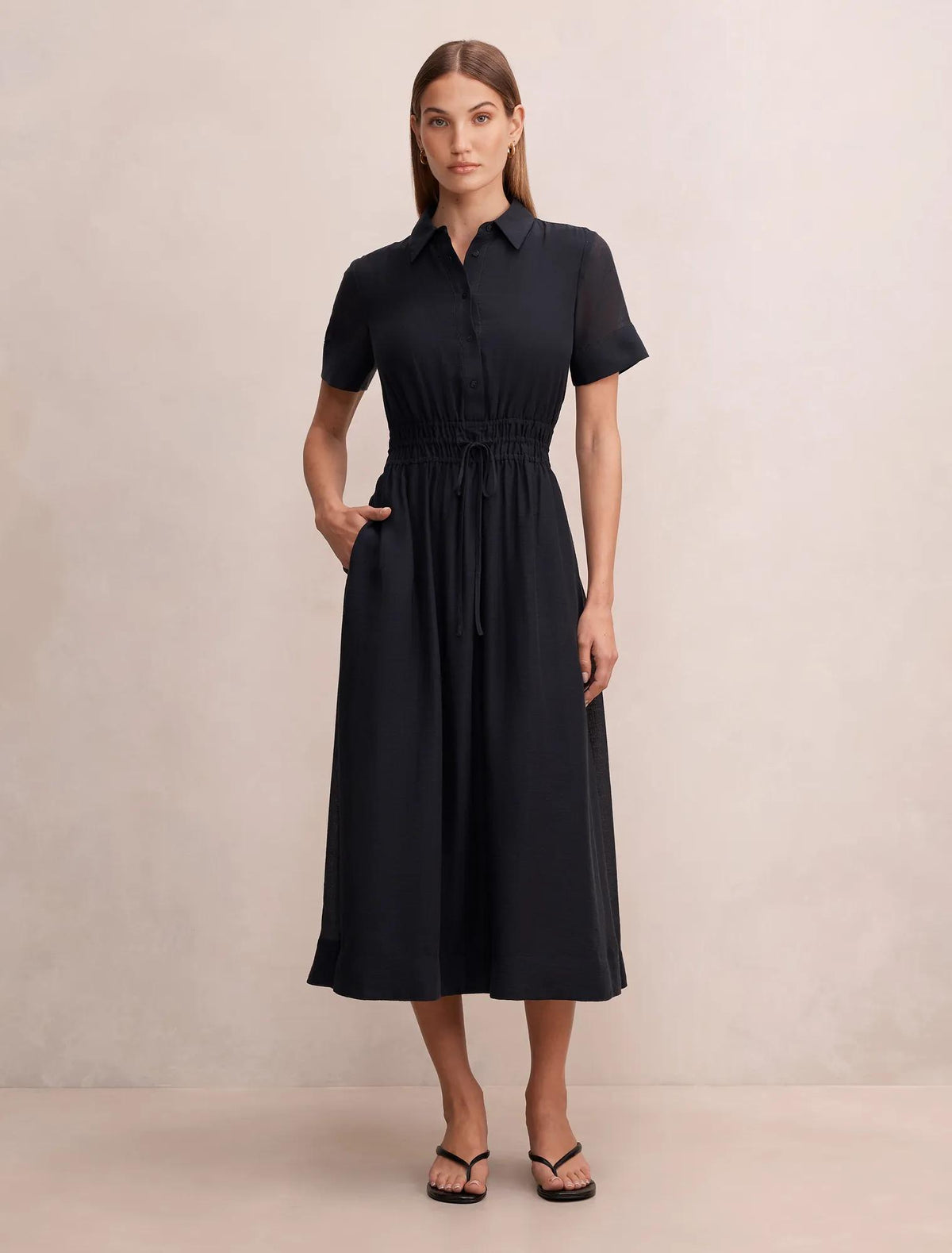 Brynn Elastic Waist Shirt Midi Dress Navy