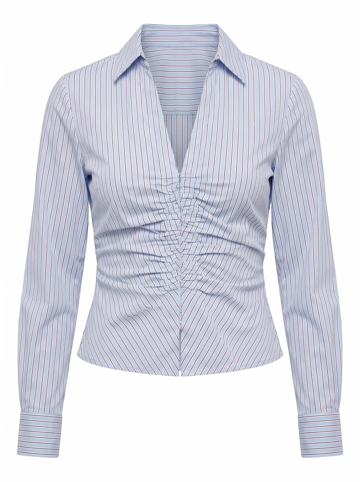 Ainsley Gathered Shirt Blue Choc Stripe_mannequin