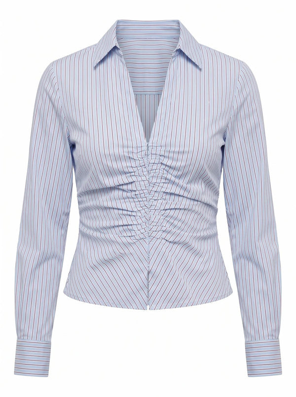Ainsley Gathered Shirt Blue Choc Stripe_mannequin