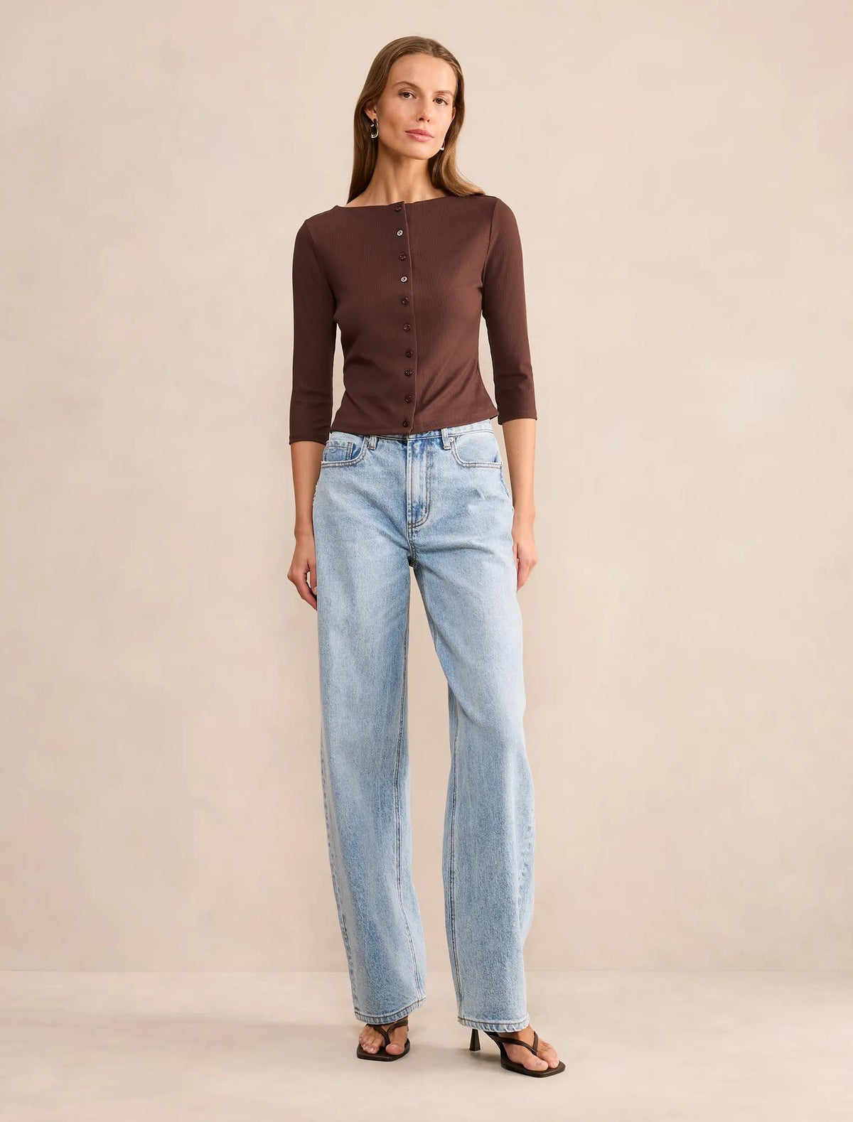 Julia Rib 3/4 Sleeve Cardigan Chocolate