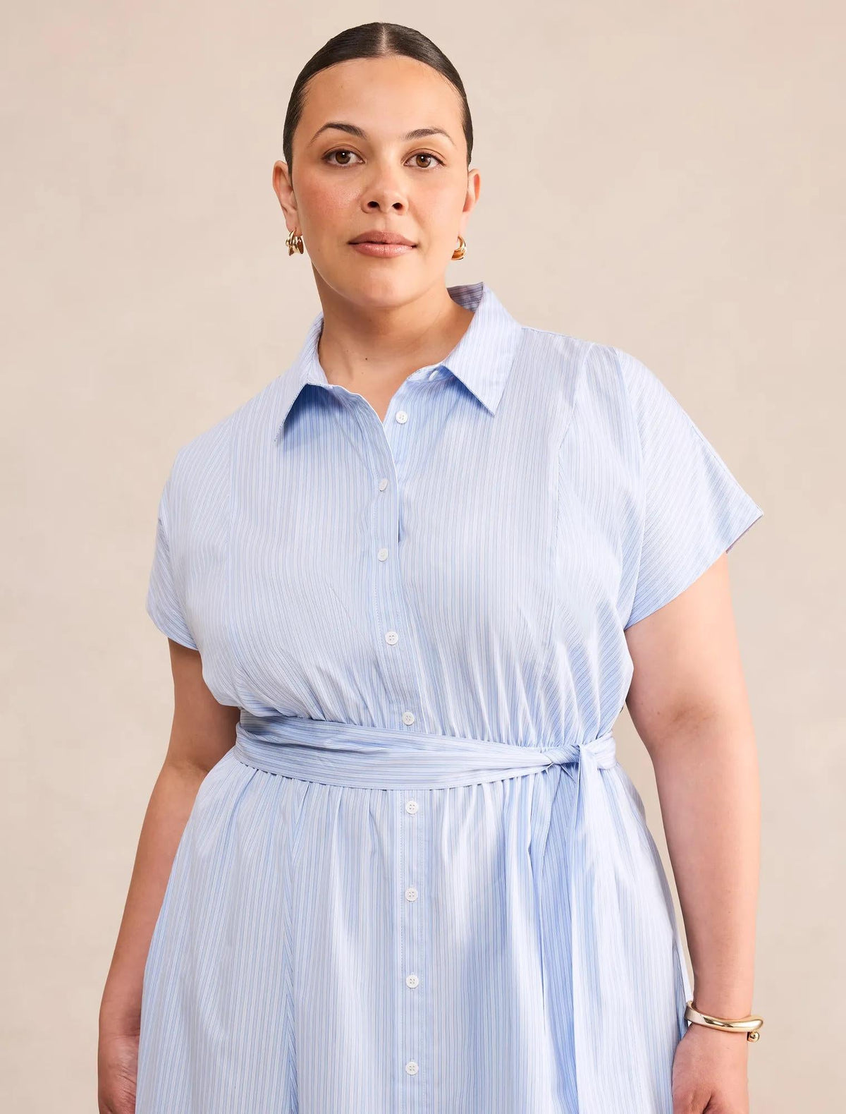 Mina Curve Stripe Shirt Midi Dress Blue Stripe