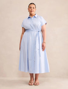 Mina Curve Stripe Shirt Midi Dress Blue Stripe