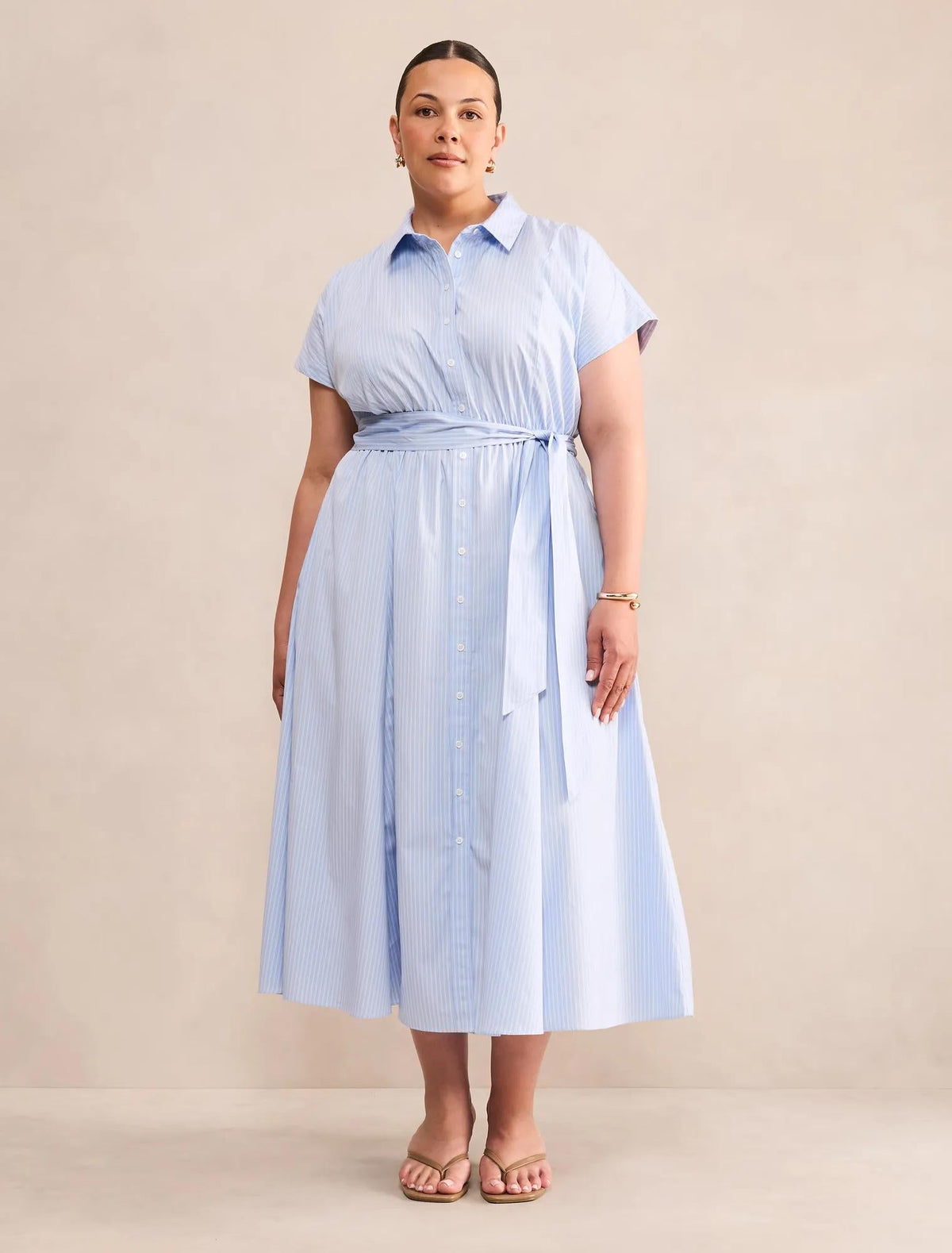 Mina Curve Stripe Shirt Midi Dress Blue Stripe
