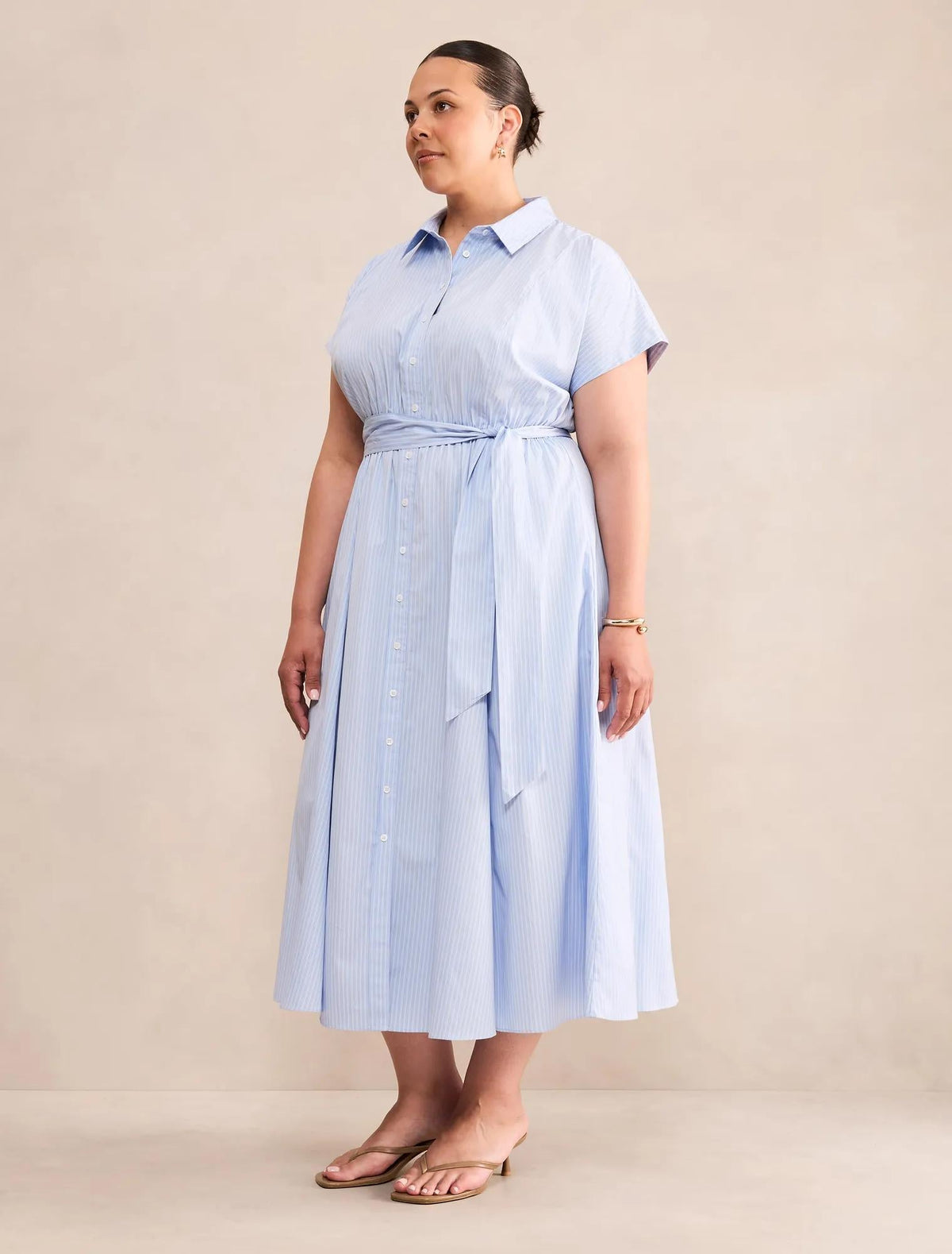 Mina Curve Stripe Shirt Midi Dress Blue Stripe