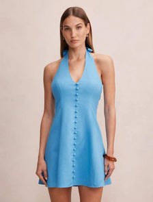 Ina Button Front Halter Mini Dress Blue Lemonade